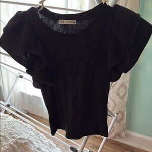 Zara Black Flutter Sleeve Ruffled Blouse